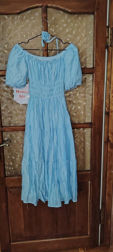 Другая женская одежда: Mavi rəngli uzun yay donu - Stil: Çiyinləri açıq (off-shoulder)