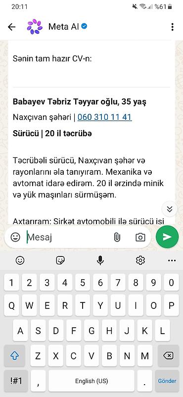 Xidmət: Peşəkar sürücü - 20 illik təcrübə - Naxçıvan şəhəri və