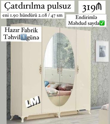 skaf qiymetleri: _*DÖRD QAPILI DOLAB*_ _*FABRİK İSTEHSALI*_ Qiymət : *319 ₼* *Dolab