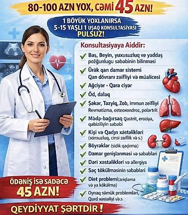 ariqlama: Xidmət: Tibbi konsultasiya paketi Təsvir: - Konsultasiya qiyməti: 45 — 1