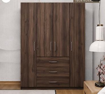 divar saat sekilleri: Dörd qapılı, üç çekmecəli paltar şkafı. - Material: ağac teksturalı — 1
