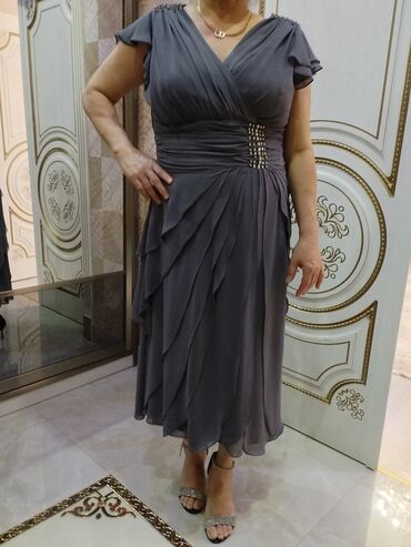 Ziyafət donları: Zərif tünd-boz rəngli ziyafət/gecə paltarı - Uzunluq: midiyə yaxın — 5