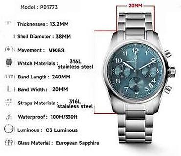 Ručni satovi: PAGANI DESIGN PD-1773 - 38mm - Plava - Seiko VH63 Potpuno nov muški — 16