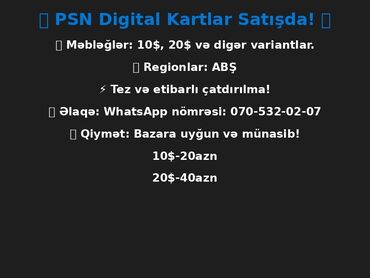 ps vr 2: Ps üçün balans artırma kartları
ABŞ regionu üçün 10$-20azn 20$-40 azn