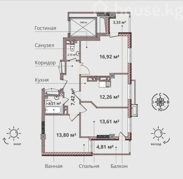 аренда квартира аламедин: 3 комнаты, 75 м², 2 этаж, ПСО (под самоотделку)