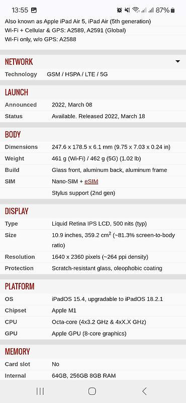 ddr3 ram 1333mhz: Apple iPad Air (2022, 5-ci nəsil) - Ekran: 10.9" Liquid Retina IPS — 3