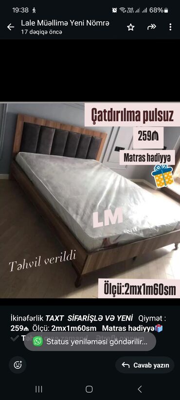 Sifarişlə çarpayılar: İkinəfərlik, Bazasız, Pulsuz matras, Siyirməsiz, Digər xammal istehsal ölkəsi