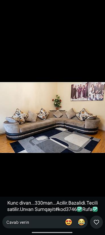 asagda: Künc divan – açılan, bazalı model. - Rəng: açıq boz/qaranlıq tonlarla — 1