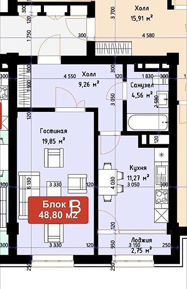1 комната, 48 м², Кок-Жар мкр Элитка, 9 этаж, ПСО (под самоотделку)