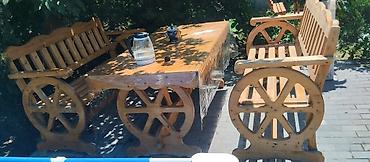 Bağ, çöl mebeli: Bağ üçün taxta dəst – 1 stol + 2 skamya - Material: tam ağac (təbii — 2
