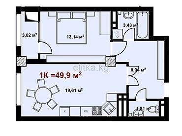 1 комната, 50 м², Кок-Жар ж/м Элитка, 12 этаж, ПСО (под самоотделку)