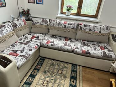 реставрация обивки дивана: Угловой диван, цвет - Бежевый, Б/у
