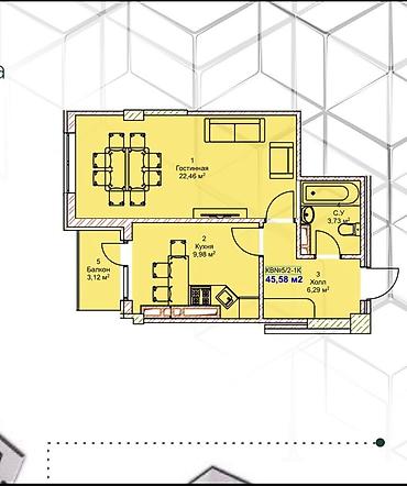 медина: 1 комната, 45 м², Аламедин-1 мкр Элитка, 12 этаж, ПСО (под самоотделку) — 5