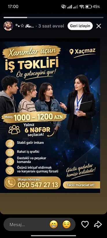 Xanımlar üçün iş təklifi – Xaçmaz Maaş: 1000–1200 AZN Yalnız 6 nəfər