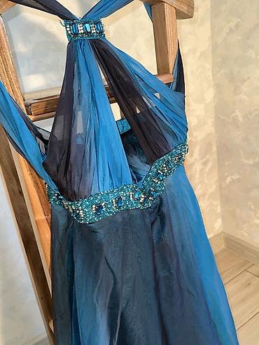 yves saint: Vintage Yves Calin embellished mesh maxi dress in deep ocean blue — 5