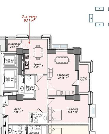 горам: 2 комнаты, 83 м², Асанбай мкр Элитка, 14 этаж, ПСО (под самоотделку) — 3