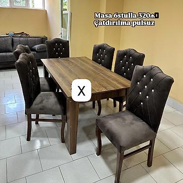 Yemək otağı dəsti – masa + 6 stul - Masa: taxta fakturalı stolüstü