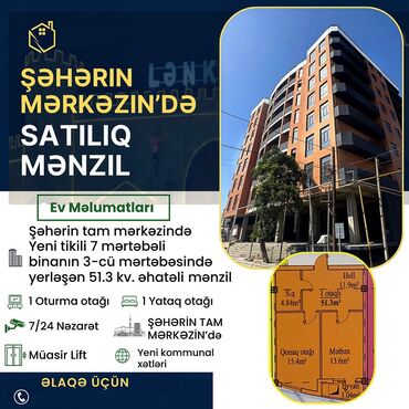 satiliq evlər: 1 otaqlı, Yeni tikili, 51 kv. m