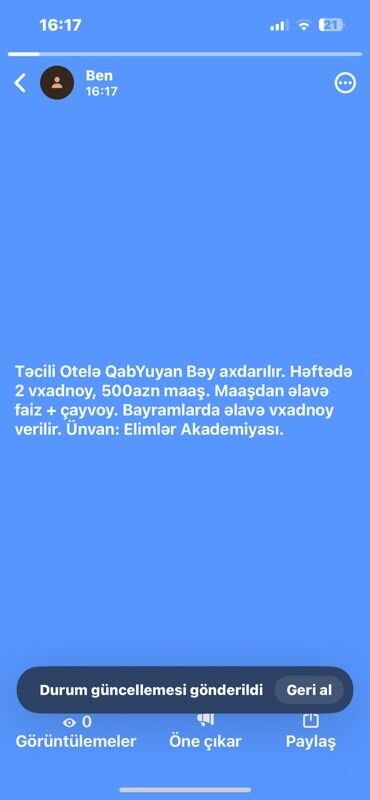 Aşpazlar: Qabyuyan tələb olunur, Aylıq ödəniş, İstənilən yaş
