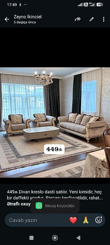 islenmis divan kreslo: 449₼ Divan kreslo dəsti satılır. Yeni kimidir, heç bir deffekti — 1