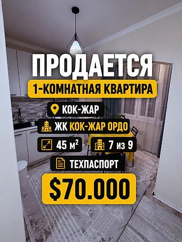 125: 1 комната, 45 м², Кок-Жар ж/м 108 серия, 7 этаж, Евроремонт — 1