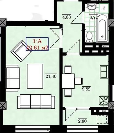 12: 1 комната, 42 м², Нижний Джал (Джал-23) Элитка, 12 этаж, ПСО (под самоотделку) — 2