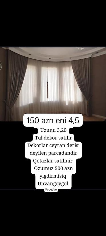 ucuz tül perde: Pərdə dəsti – tül və qalın dekor pərdə - Ölçülər: eni 4,5 m, uzunu — 1