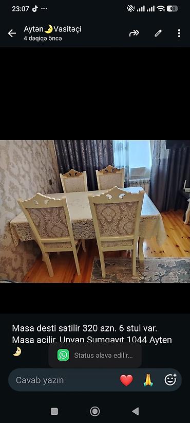 Masa desti satilir 320 azn. 6 stul var. Masa acilir. Unvan Sumqayıt lalafo.az -da Masa desti satilir 320 azn. 6 stul var. Masa acilir. Unvan Sumqayıt