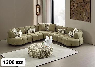 Mebel dəsti – yumşaq teksturalı, zeytun-yaşıl rəngdə modul künc divan