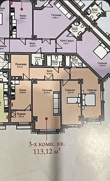 жк европа: 3 комнаты, 113 м², Асанбай мкр Элитка, 8 этаж, ПСО (под самоотделку) — 7
