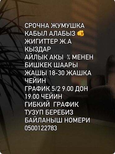 Промоутерлер: Вакансия: требуются юноши и девушки. - Локация: Бишкек. - Возраст