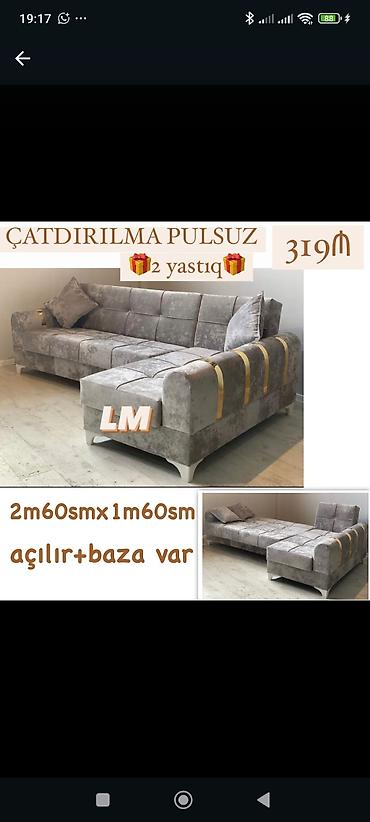Künc divan – açılır mexanizmli, bazalı model - Ölçü: 2 m 60 sm x 1 m