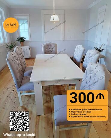 барные стулья: Qonaq otağı üçün, Açılan, Dördbucaq masa, 6 stul
