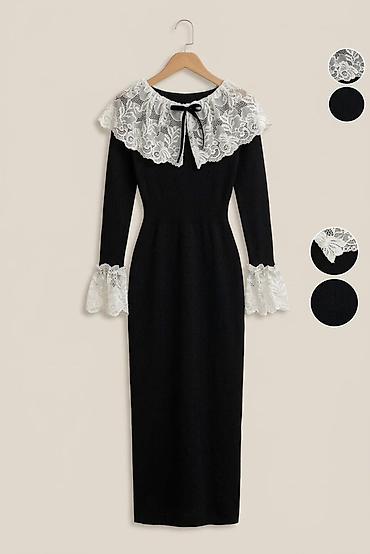 pull and bear: Qadın geyim kolleksiyası 1) Qara midi paltar – ağ krujeva detal - — 1