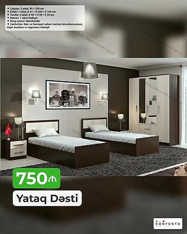 tek dolablar: Yataq Dəsti – 750 ₼ Komplekt: - Çarpayı: 2 ədəd, 90 × 200 sm - Dolab — 1