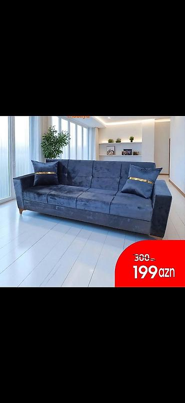 ekran sekilleri 3d: Mavi rəngli, müasir dizaynlı 3-yerlik divan - Parlaq məxməri parça — 1