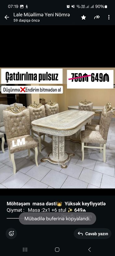 Masa və oturacaq dəstləri: *Möhtəşəm masa dəsti*👑 *Yüksək keyfiyyətlə* Qiymət : Masa :2x1 +6