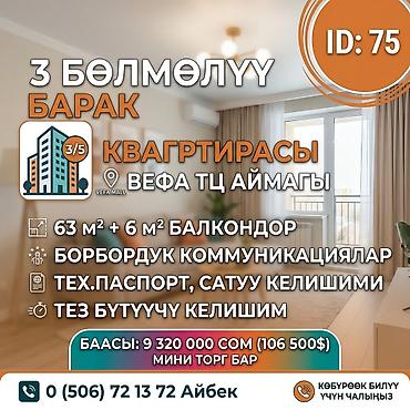 кв флекс 500: 3 комнаты, 63 м², Вефа ТЦ Индивидуалка, 3 этаж, Свежий ремонт — 1