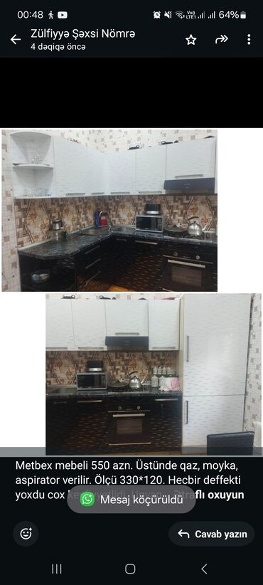 Metbex mebeli 550 azn. Üstünde qaz, moyka, aspirator verilir. Ölçü