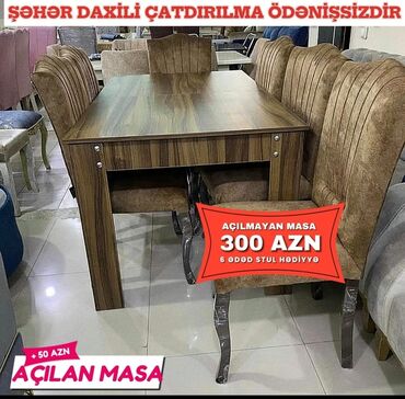 Masa və oturacaq dəstləri: Qonaq otağı üçün, Yeni, Açılmayan, Dördbucaq masa, 6 stul