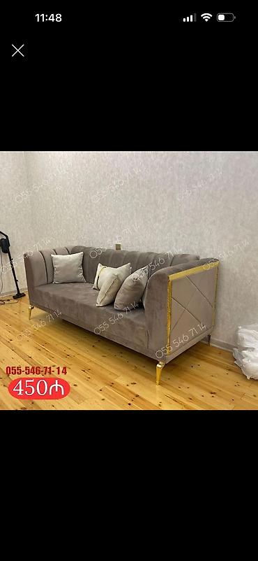 Mebel: 3 nəfərlik sofa - Rəng: boz/boz-bej (velür tipli yumşaq parça)
