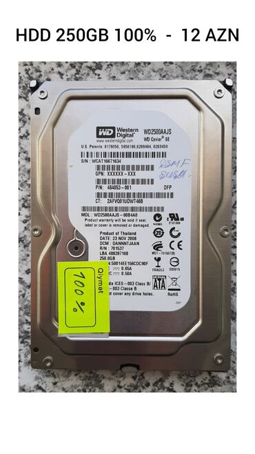 Modemlər və şəbəkə avadanlıqları: Personal kompüter üçün HDD - sərt disk - hard disk 250GB 100% HDD -