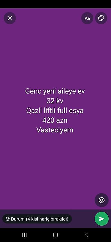 kirayə hövsan: Gənc ailə üçün mənzil – 32 kv.m Qazlı, lifti olan binada, tam mebellə — 4