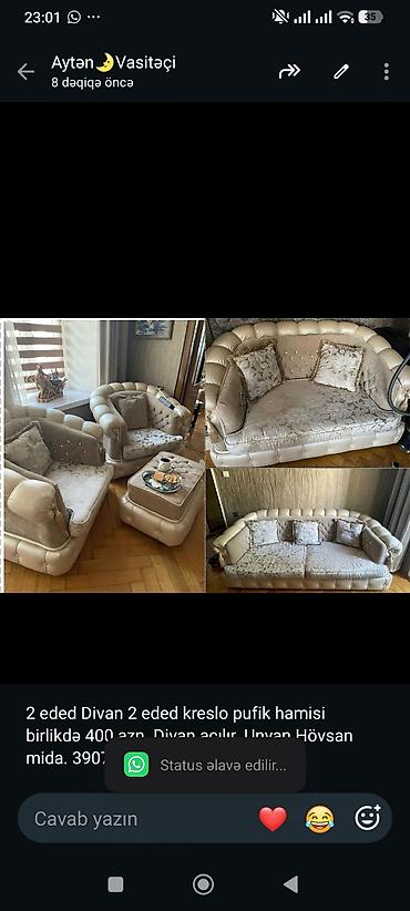 2 eded Divan 2 eded kreslo pufik hamisi birlikdə 400 azn. Divan lalafo.az -da 2 eded Divan 2 eded kreslo pufik hamisi birlikdə 400 azn. Divan