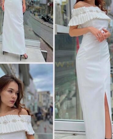 Digər qadın geyimləri: Ağ rəngli uzun ziyafət/nişan libası - Model: çiyinləri açıq