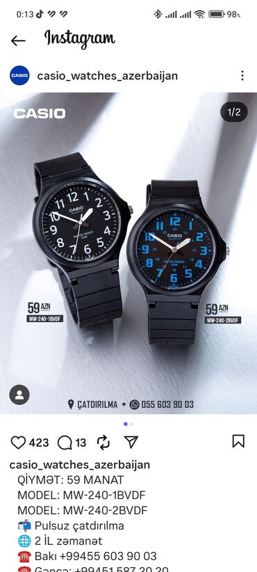 xacmaz qizil instagram: İşlənmiş, Qol saatı, Casio, rəng - Qara