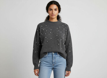 sweter z koralikami hm: H&M, Sweter damski, rozmiar M