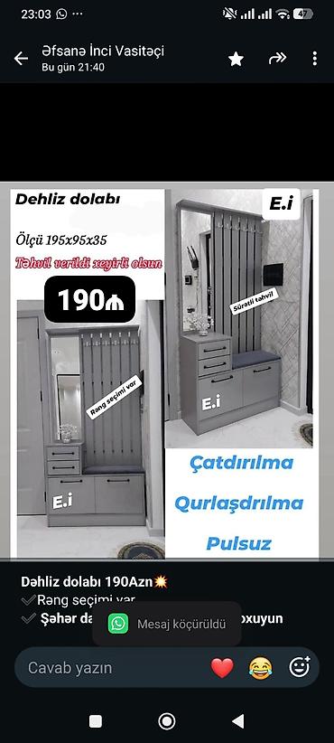 *Dəhliz dolabı 190Azn💥* ✔️Rəng seçimi var ✔️ *Şəhər daxili Çatdırılma