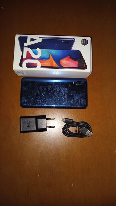 Samsung A20, 32 ГБ, цвет - Синий, Сенсорный, Отпечаток пальца, Две SIM карты