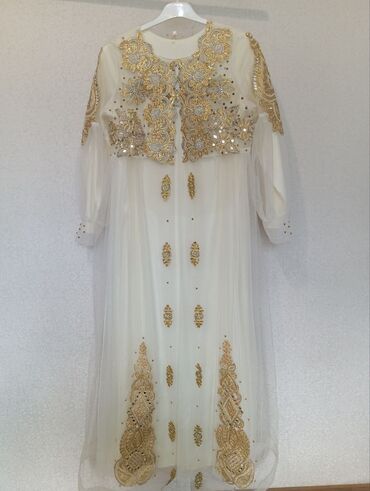 узбекское национальное платье: Вечернее платье, А-силуэт, Длинная модель, Фатин, С рукавами, Стразы, XL (EU 42)